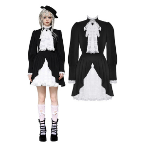 Gothic black and white contrast puff sleeve dress