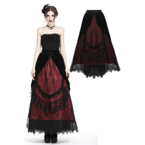 Gothic Black red wave velvet lace maxi skirt