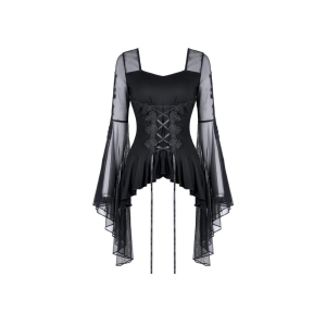 Gothic lace up T-shirt with big mesh flower sleeves